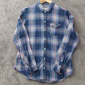 Hollister Women’s Medium Blue Plaid Long Sleeve Button Down Shirt